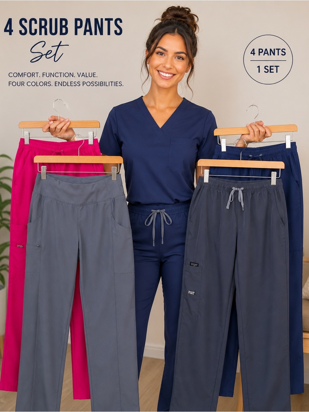 Set Of 4 Medical Scrub Pants- WonderWink, Hanes & Cherokee